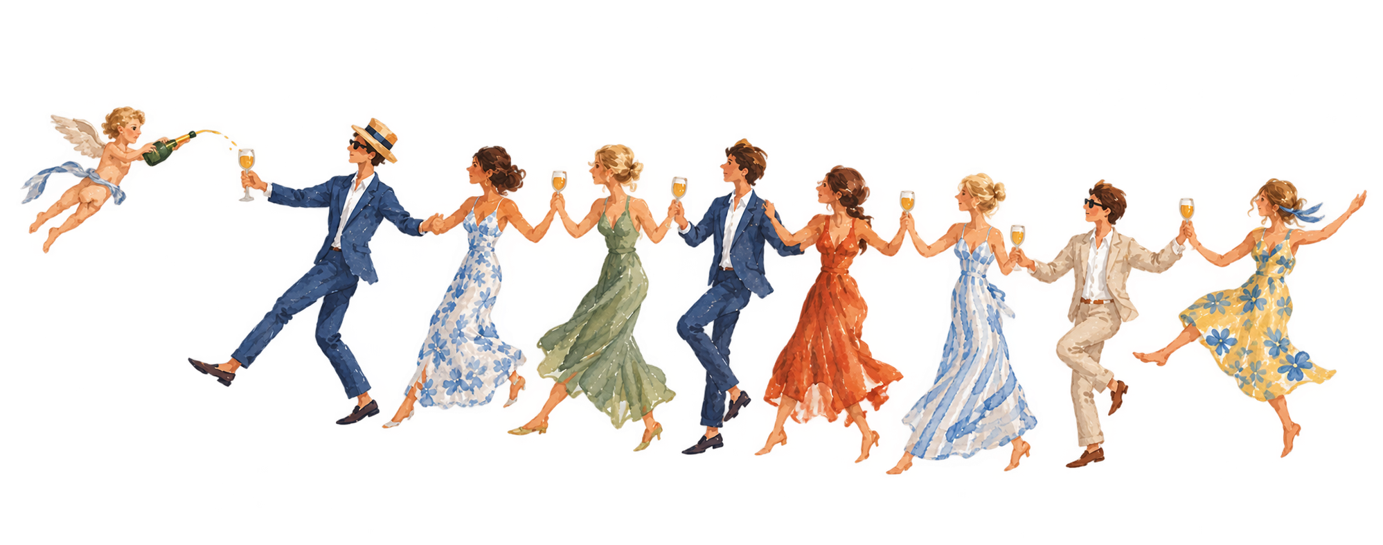 Illustration of a wedding party dancing and celebrating with champagne